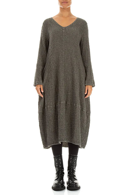 V-Neck Olive Grey Textured Linen Dress
