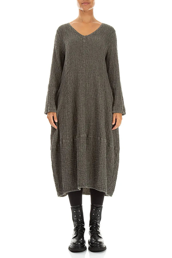 V-Neck Olive Grey Textured Linen Dress 1