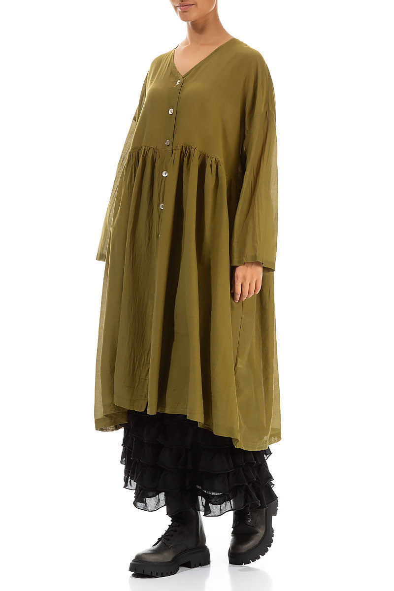 V-Neck Olive Silk Cotton Jacket Dress