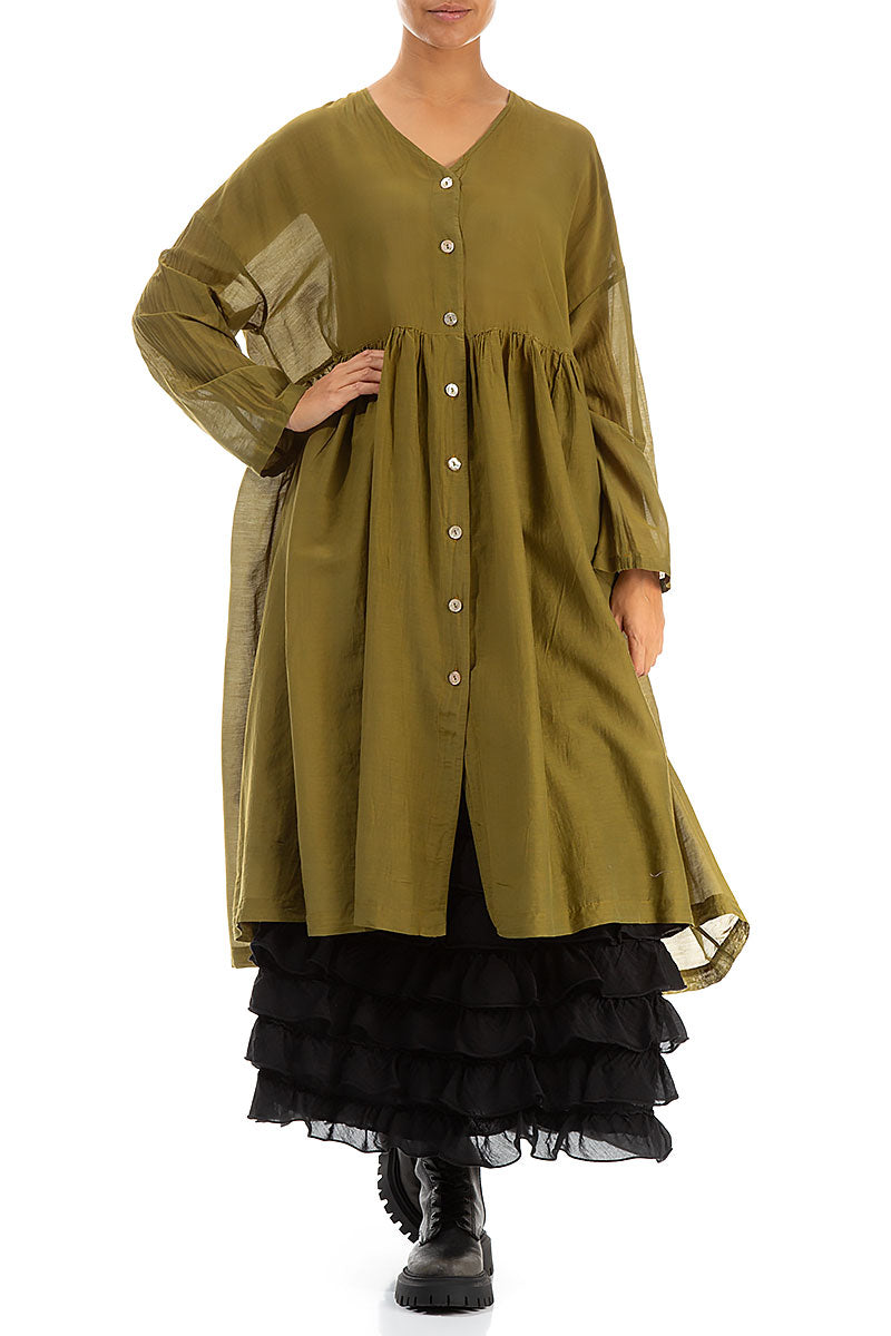 V-Neck Olive Silk Cotton Jacket Dress