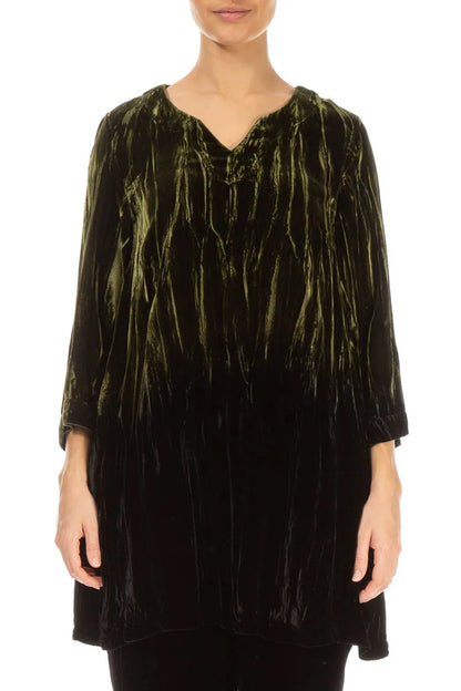 V-Neck Olive Silk Velvet Ombré Tunic 1