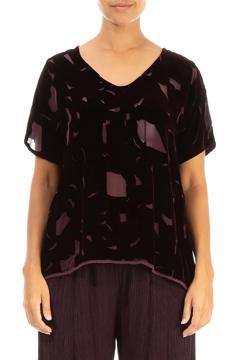 V-Neck Patterned Burgundy Silk Velvet Blouse 1