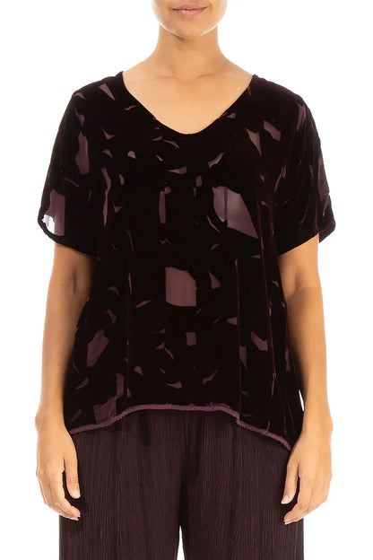 V-Neck Patterned Burgundy Silk Velvet Blouse