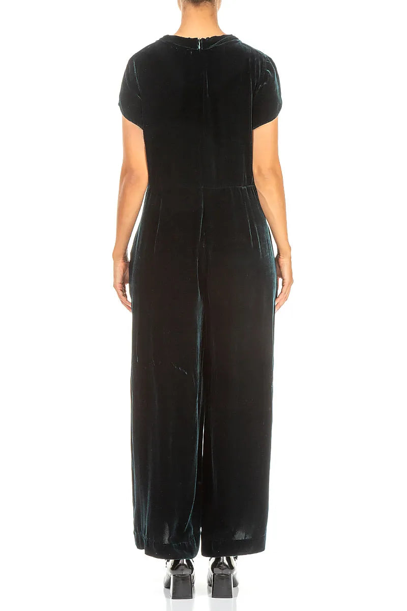 V-Neck Peacock Silk Velvet Jumpsuit 2