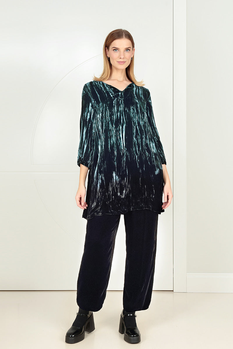 V-Neck Peacock Silk Velvet Ombré Tunic 1