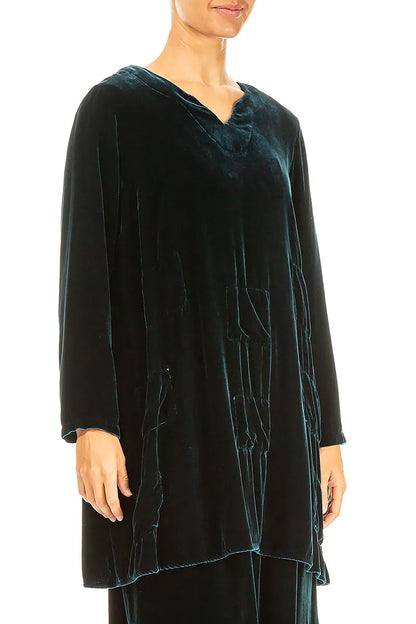 Decorated V-Neck Peacock Silk Velvet Tunic