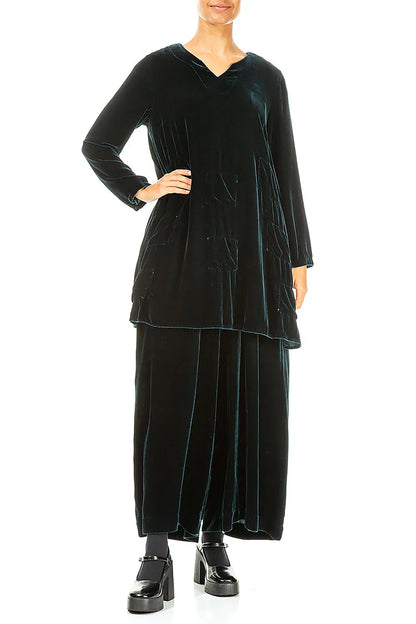 Decorated V-Neck Peacock Silk Velvet Tunic