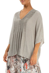 V-Neck Pin Tucks Beige Silk Viscose Blouse 4