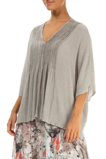 V-Neck Pin Tucks Beige Silk Viscose Blouse 4