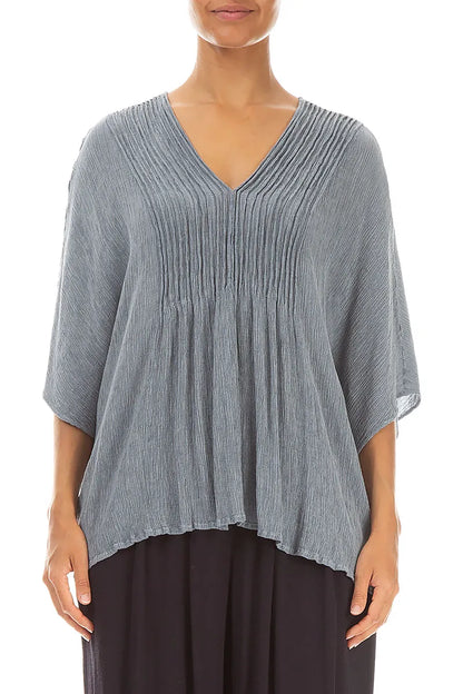 V-Neck Pin Tucks Silver Grey Silk Viscose Blouse 1