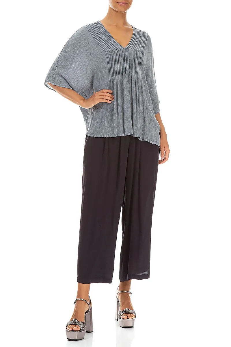 V-Neck Pin Tucks Silver Grey Silk Viscose Blouse 4