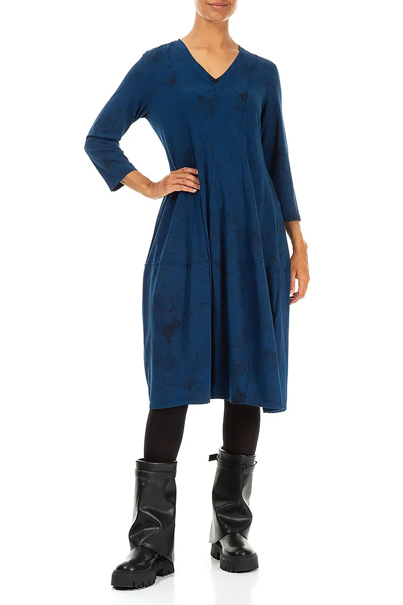 V-Neck Royal Blue Marble Cotton Dress 4