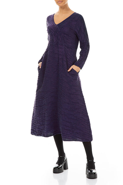 V-Neck Royal Purple Crinkled Silk Linen Dress 4