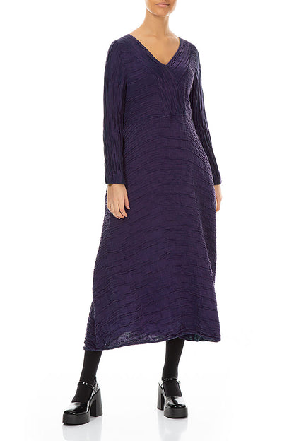 V-Neck Royal Purple Crinkled Silk Linen Dress 3