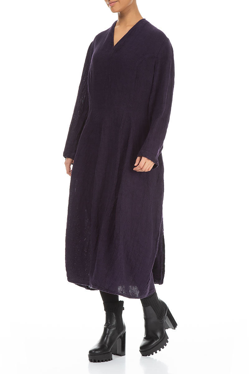 V-Neck Royal Purple Mélange Linen Dress 3