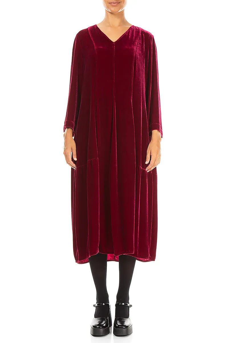 V-Neck Ruby Silk Velvet Dress 1