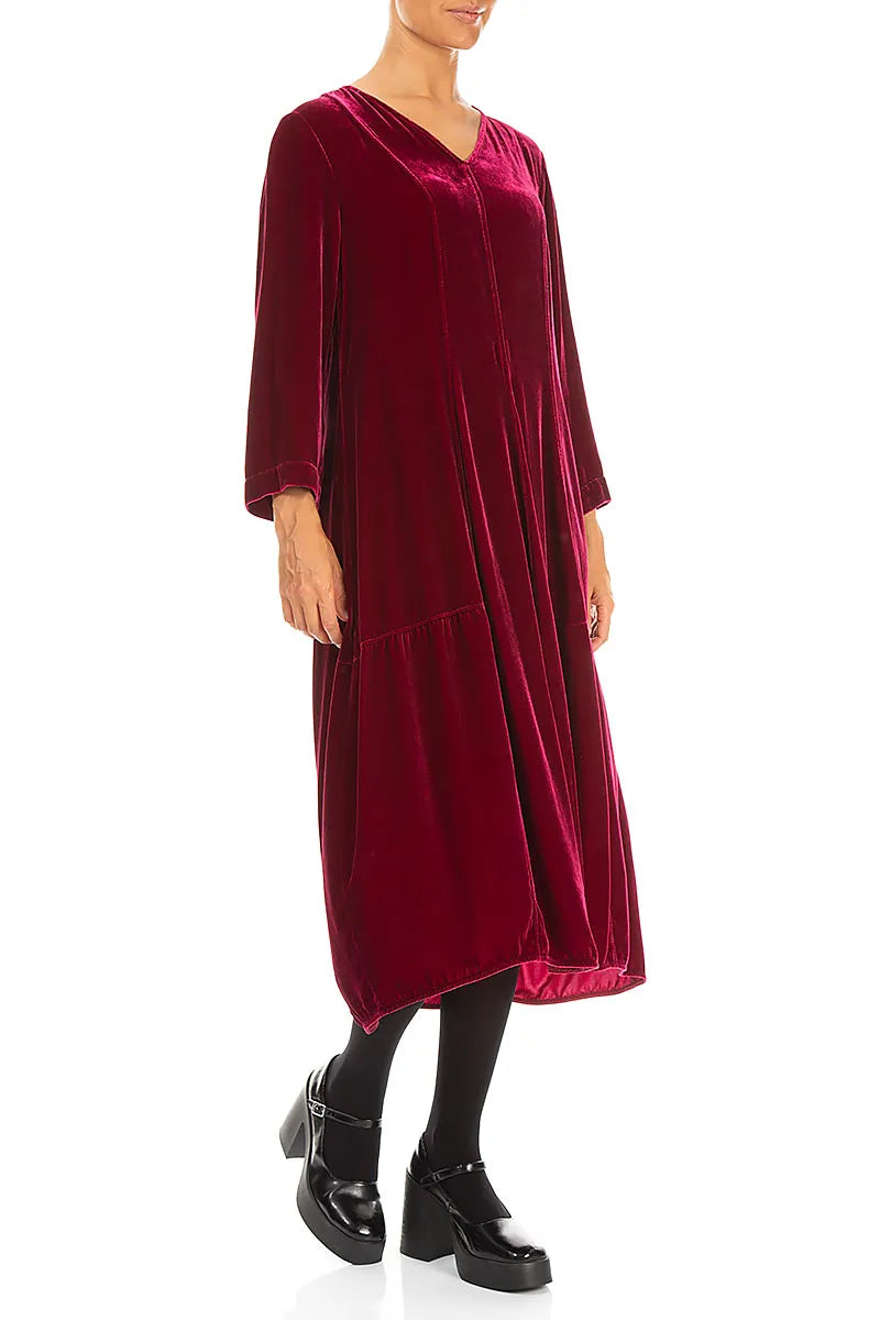 V-Neck Ruby Silk Velvet Dress 3