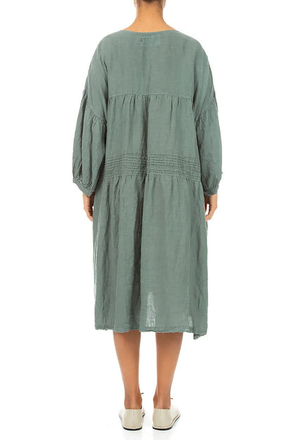 V-Neck Sage Pintuck Linen Dress 2