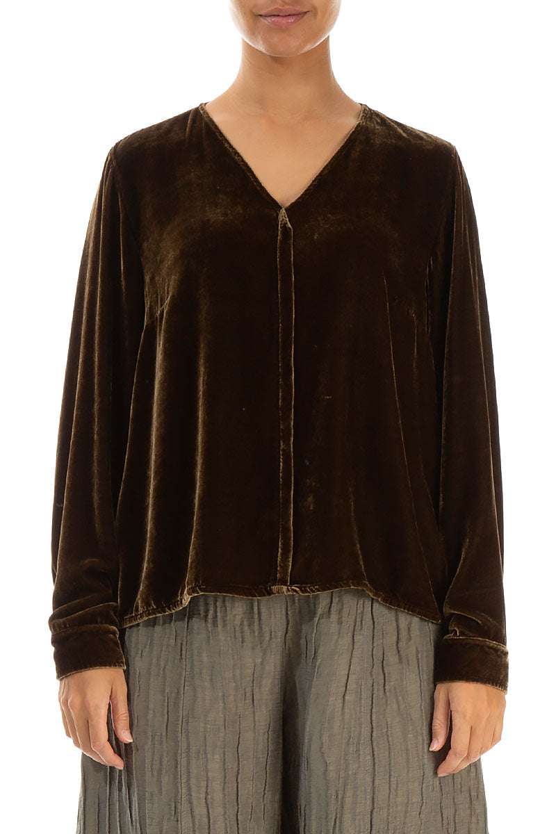 V-Neck Golden Sage Silk Velvet Blouse