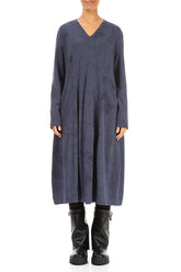 Long Sleeves V-Neck Slate Blue Marble Cotton Dress 1
