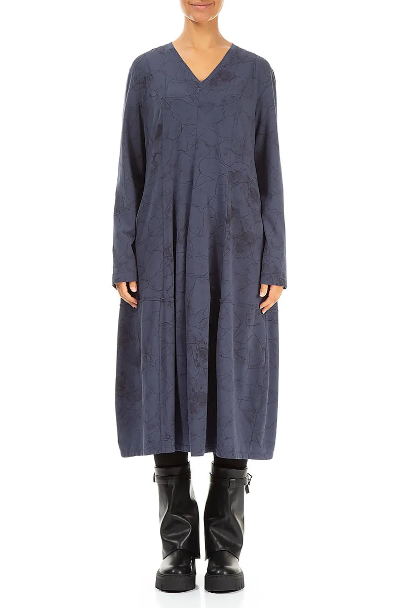 Long Sleeves V-Neck Slate Blue Marble Cotton Dress 1