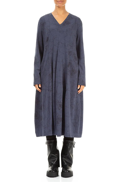 Long Sleeves V-Neck Slate Blue Marble Cotton Dress 1