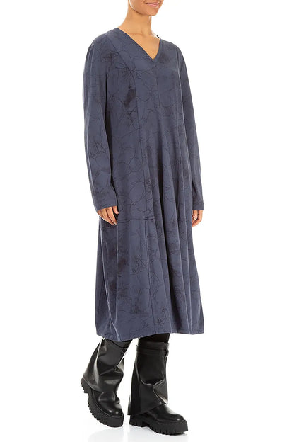 Long Sleeves V-Neck Slate Blue Marble Cotton Dress 3