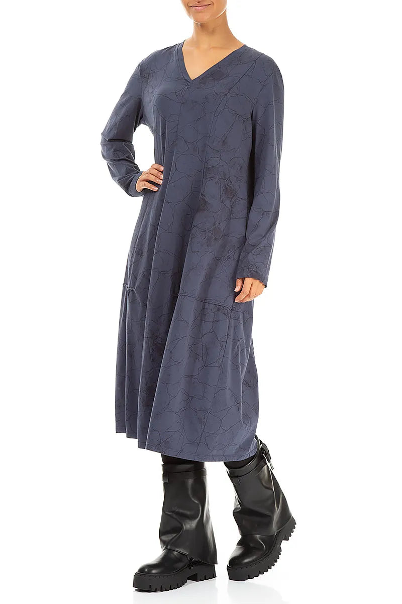 Long Sleeves V-Neck Slate Blue Marble Cotton Dress 4