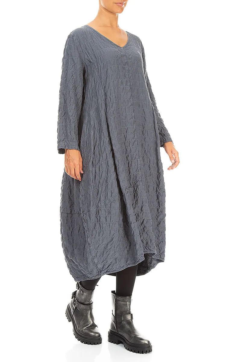V-Neck Slate Pleated Silk Bamboo Dress