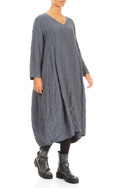 V-Neck Slate Pleated Silk Bamboo Dress