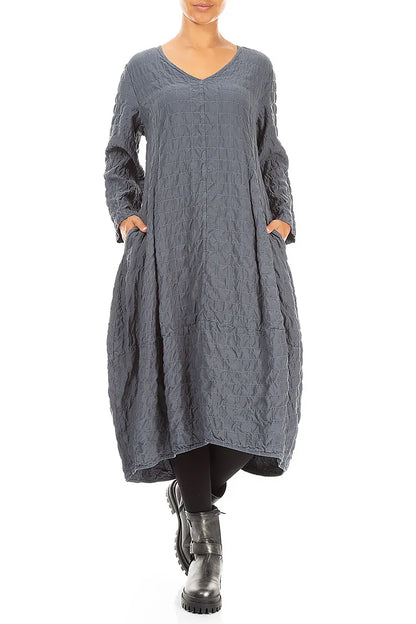 V-Neck Slate Pleated Silk Bamboo Dress