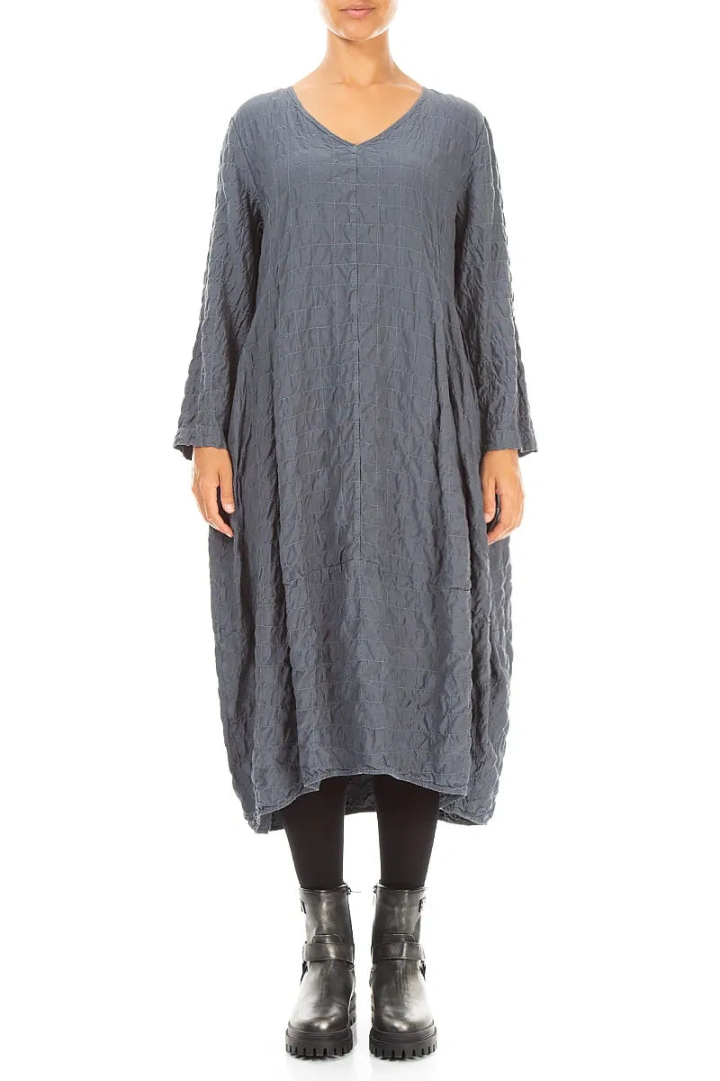 V-Neck Slate Pleated Silk Bamboo Dress
