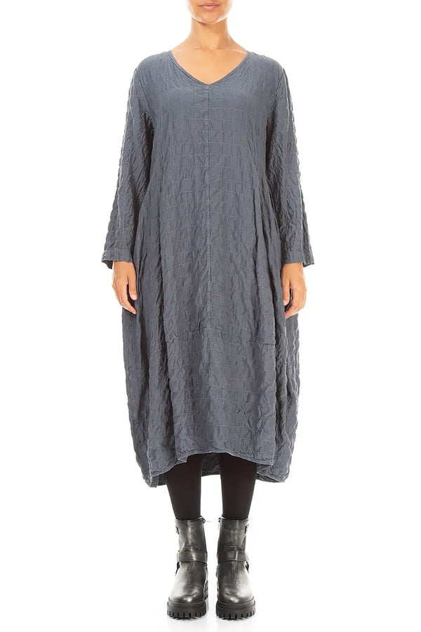 V-Neck Slate Pleated Silk Bamboo Dress