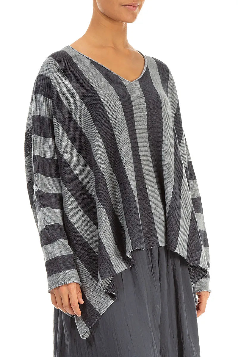 V-Neck Striped Light Grey Linen Jumper 4