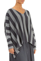 V-Neck Striped Light Grey Linen Jumper 4