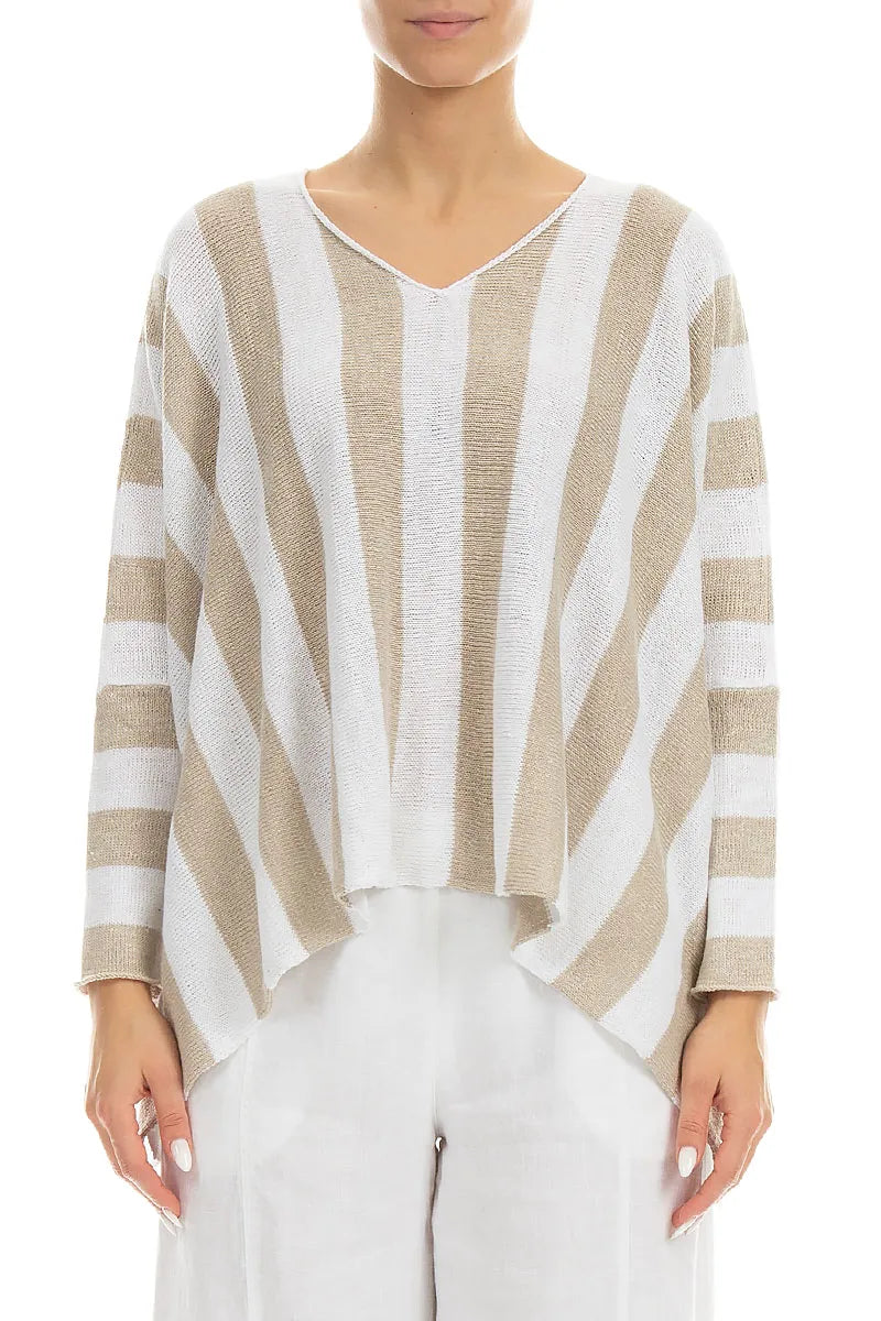 V-Neck Striped Natural Linen Jumper 1