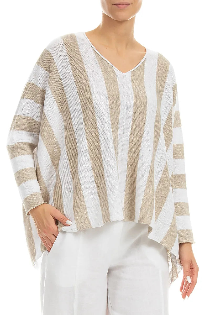 V-Neck Striped Natural Linen Jumper 3