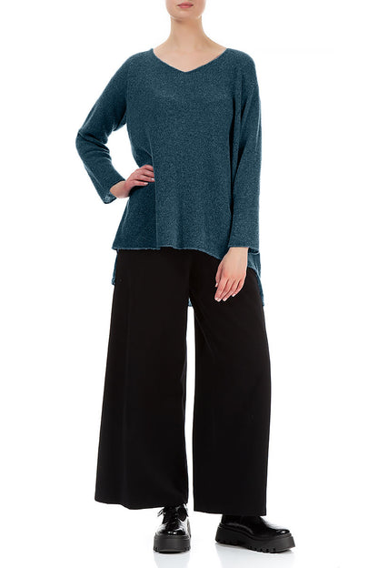 Pull en laine turquoise à col en V et dos plus long