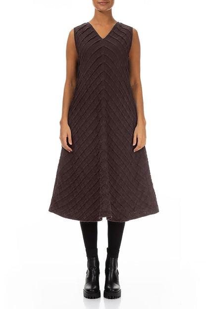 V-Neck Truffle Brown Pleated Linen Dress