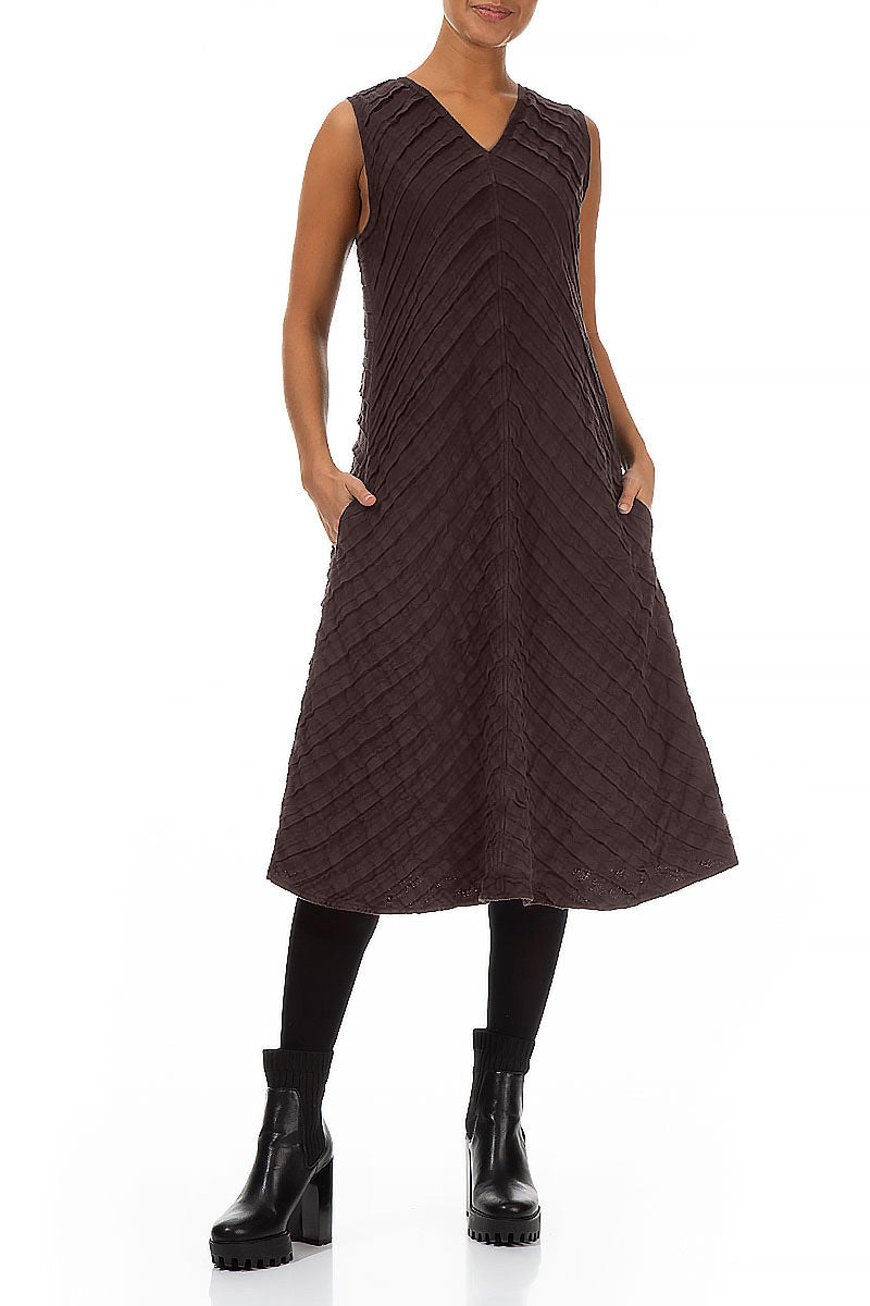 V-Neck Truffle Brown Pleated Linen Dress