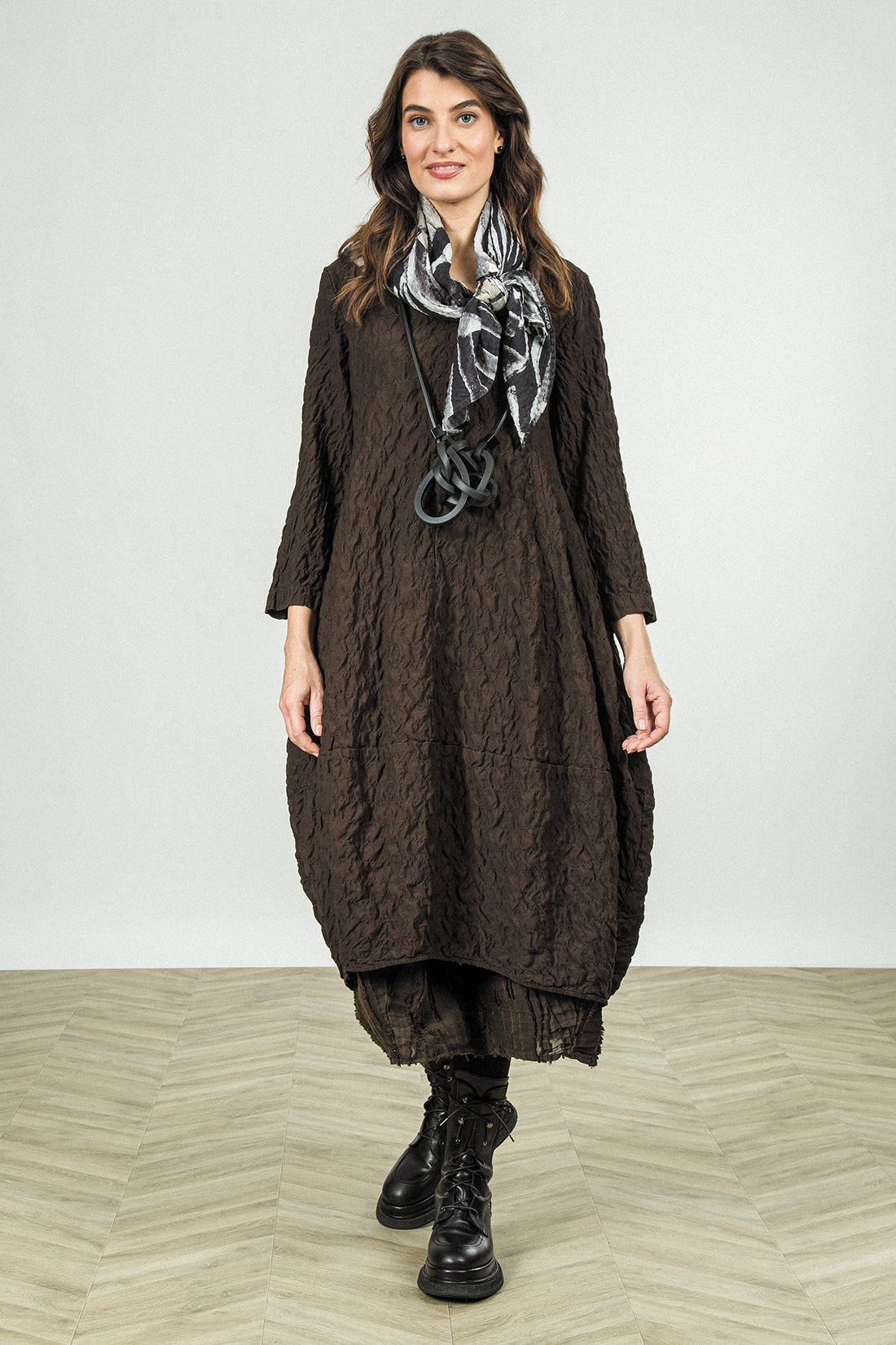 V-Neck Truffle Brown Pleated Silk Bamboo Dress