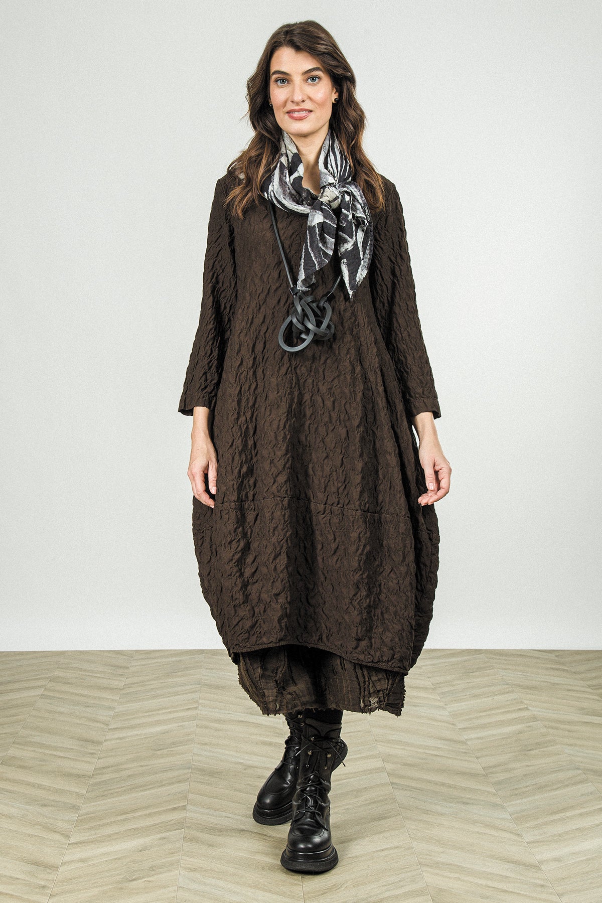 V-Neck Truffle Brown Pleated Silk Bamboo Dress 1