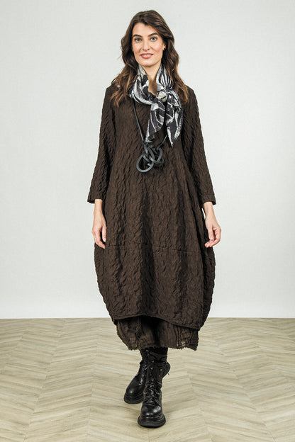 V-Neck Truffle Brown Pleated Silk Bamboo Dress 1