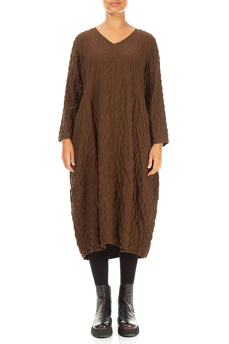 V-Neck Truffle Brown Pleated Silk Bamboo Dress