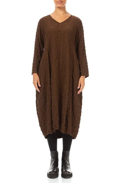 V-Neck Truffle Brown Pleated Silk Bamboo Dress 1