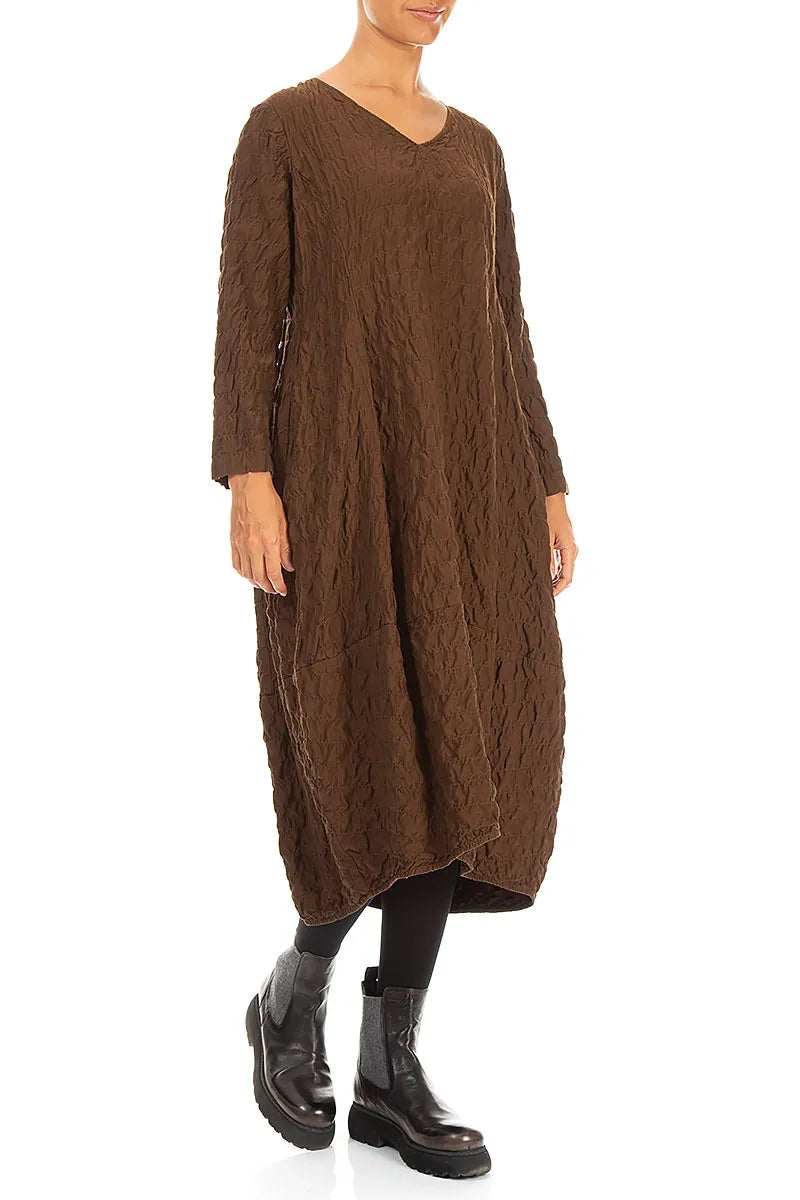 V-Neck Truffle Brown Pleated Silk Bamboo Dress