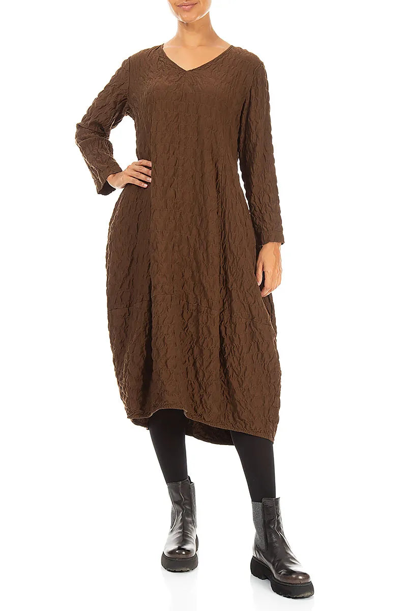 V-Neck Truffle Brown Pleated Silk Bamboo Dress