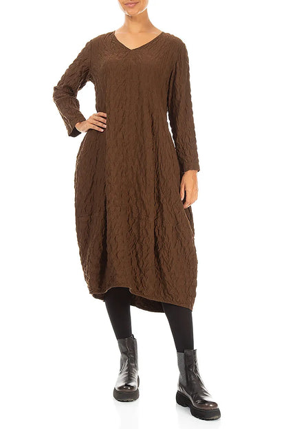 V-Neck Truffle Brown Pleated Silk Bamboo Dress
