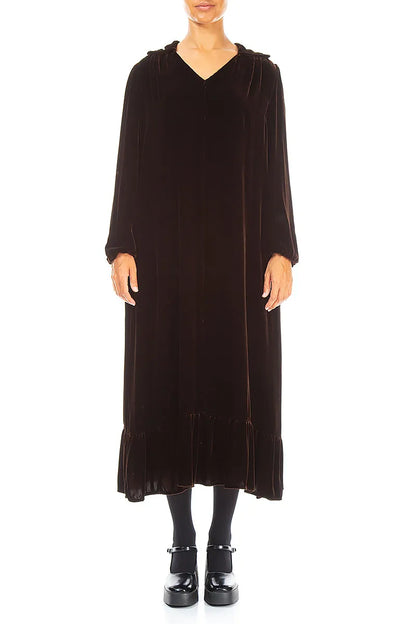 V-Neck Truffle Brown Silk Velvet Dress 1
