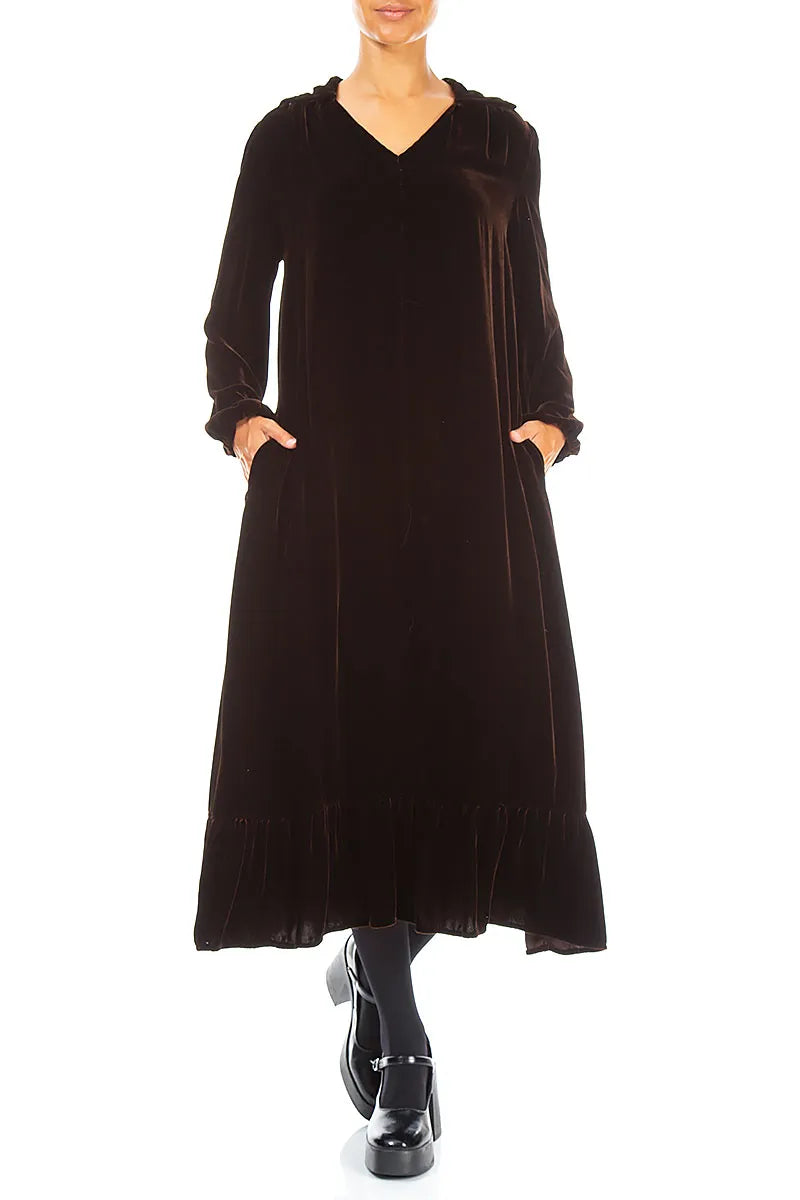 V-Neck Truffle Brown Silk Velvet Dress 4